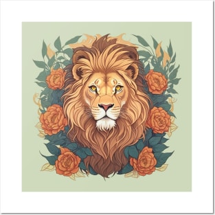 Lion head with flowers Posters and Art